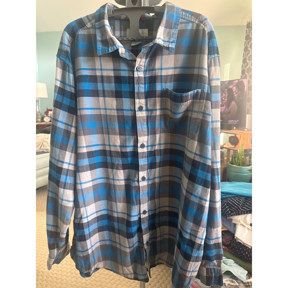 Columbia Sportswear Mens XXL Blue Grey Plaid Flannel Long Sleeve Button Down